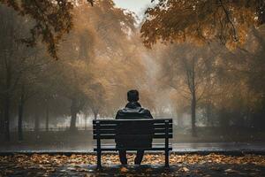 homem sentado em uma Banco dentro uma parque dentro a chuva com nebuloso fundo, traseiro Visão do uma solitário pessoa sentado em uma Banco dentro a outono parque com árvores e mau clima, ai gerado foto