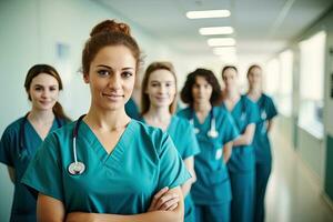 retrato, médico e uma mulher enfermeira braços cruzado, em pé com dela equipe dentro a hospital para assistência médica, ai gerado foto