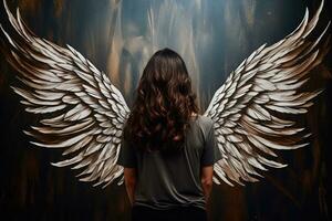 lindo jovem mulher com anjo asas em grunge de madeira parede fundo, traseiro Visão do uma mulher com anjo asas ai gerado foto
