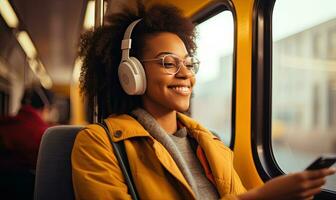 jovem mulher com afro goza música dentro uma trem. ai generativo. foto