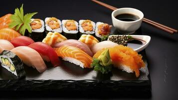 elegante come - uma seleção do Sushi especialidades arranjado em uma chique Preto pedra. generativo ai foto