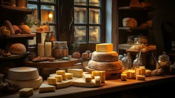 saboreando França. uma acolhedor da loja matriz do bem artesanal queijos. generativo ai foto