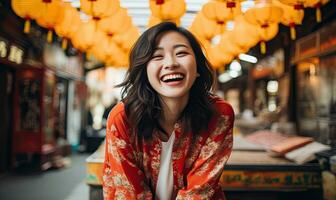 elegante mulher dentro vibrante quimono, resumo do japonês arte. ai generativo. foto