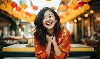 elegante mulher dentro vibrante quimono, resumo do japonês arte. ai generativo. foto