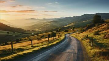 pôr do sol serenidade. a quieto estrada através a colinas. generativo ai foto