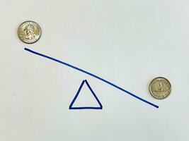 eua 1 dirham e nos trimestre dólar moedas em desenhado balanças foto