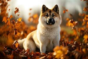 retrato do uma americano akita cachorro deitado em outono folhagem, natural luz, ao ar livre, caloroso filtro, ai arte foto