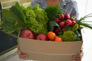 fechar-se do uma cartão recipiente com fresco verde folhas, espinafre, salada, frutas e legumes dentro dona de casa mãos foto