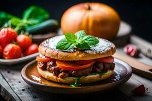 uma Hamburger com tomates e manjericão em uma de madeira placa. gerado por IA foto