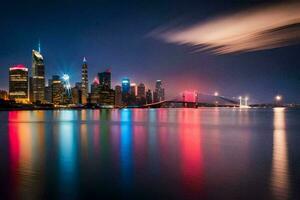 a cidade Horizonte às noite com colorida luzes. gerado por IA foto