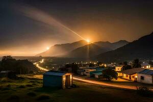 uma Cidade às noite com uma montanha dentro a fundo. gerado por IA foto