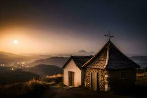 uma pequeno Igreja dentro a montanhas às pôr do sol. gerado por IA foto