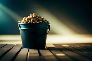uma balde preenchidas com amendoim em uma de madeira mesa. gerado por IA foto