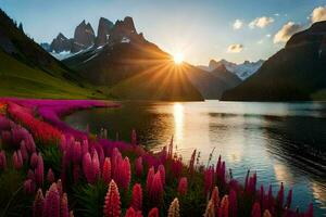 a Sol sobe sobre a montanhas e a flores flor dentro a primeiro plano. gerado por IA foto