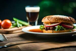 uma Hamburger com picles e uma vidro do cerveja. gerado por IA foto