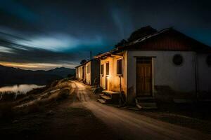 uma casa dentro a montanhas às noite. gerado por IA foto