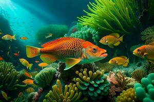 peixe natação dentro a oceano com coral recifes. gerado por IA foto