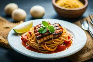 uma prato do espaguete com carne e tomates. gerado por IA foto