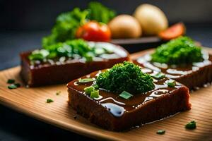 três peças do carne em uma de madeira prato com molho. gerado por IA foto