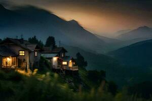 uma casa dentro a montanhas às crepúsculo. gerado por IA foto