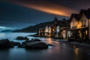 uma casa em a costa do a oceano às noite. gerado por IA foto