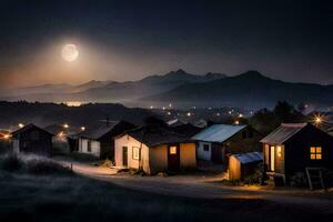 uma cheio lua brilha sobre uma Vila às noite. gerado por IA foto