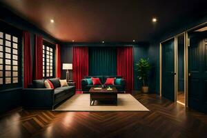 uma vivo quarto com Sombrio azul paredes e vermelho cortinas. gerado por IA foto