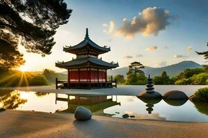 uma pagode senta dentro a meio do uma lagoa às pôr do sol. gerado por IA foto