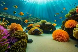 a embaixo da agua cena com colorida corais e peixe. gerado por IA foto