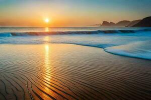a Sol configuração sobre a oceano e ondas em a de praia. gerado por IA foto