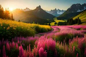 a Sol sobe sobre uma campo do flores silvestres e montanhas. gerado por IA foto