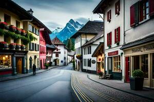 uma rua dentro a suíço Alpes com lojas e montanhas dentro a fundo. gerado por IA foto