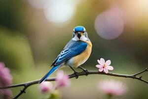 uma azul pássaro senta em uma ramo com Rosa flores gerado por IA foto