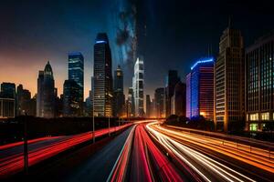 uma cidade Horizonte às noite com tráfego luzes. gerado por IA foto