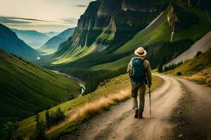 uma homem com uma mochila caminhando baixa uma sujeira estrada dentro a montanhas. gerado por IA foto