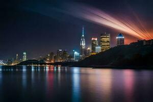 a cidade Horizonte às noite com luzes refletindo fora a água. gerado por IA foto