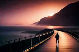 uma pessoa caminhando ao longo uma grandes ponte às pôr do sol. gerado por IA foto