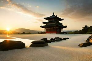 uma pagode senta em a areia com pedras e água. gerado por IA foto