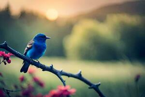 uma azul pássaro é empoleirado em uma ramo dentro frente do uma pôr do sol. gerado por IA foto