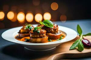 uma prato do Comida com carne e legumes. gerado por IA foto