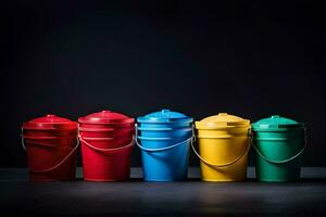 cinco colorida baldes em uma Preto fundo. gerado por IA foto