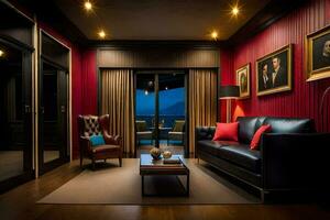 uma vivo quarto com vermelho paredes e Preto mobiliário. gerado por IA foto