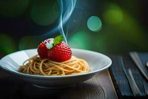 uma morango em uma prato com fumaça. gerado por IA foto