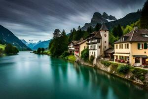 foto papel de parede a céu, montanhas, rio, casa, Suíça, a Alpes, sw. gerado por IA