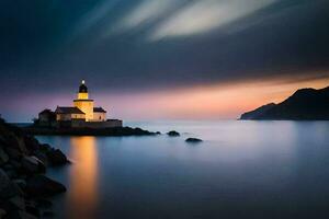 uma farol senta em a pedras dentro a oceano. gerado por IA foto