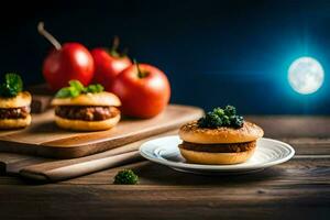 mini hambúrgueres em uma de madeira corte borda com tomates. gerado por IA foto