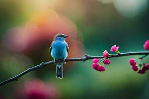 uma azul pássaro senta em uma ramo com Rosa flores gerado por IA foto