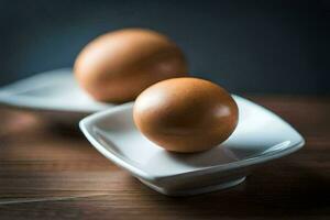 dois ovos em uma prato em uma de madeira mesa. gerado por IA foto