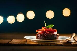 uma prato com uma peça do carne e tomates em isto. gerado por IA foto