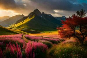 a Sol conjuntos sobre uma campo do flores e montanhas. gerado por IA foto